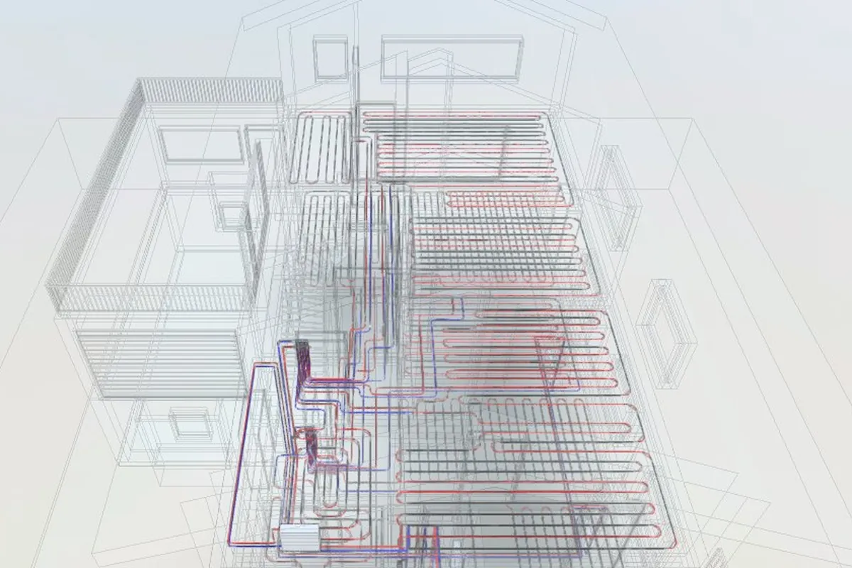 3D-Modell des Einfamilienhauses mit transparenter Architektur: Fußbodenheizkreise in Erdgeschoss und Obergeschoss, Verteiler, Heizkörper und Rohrleitungen.