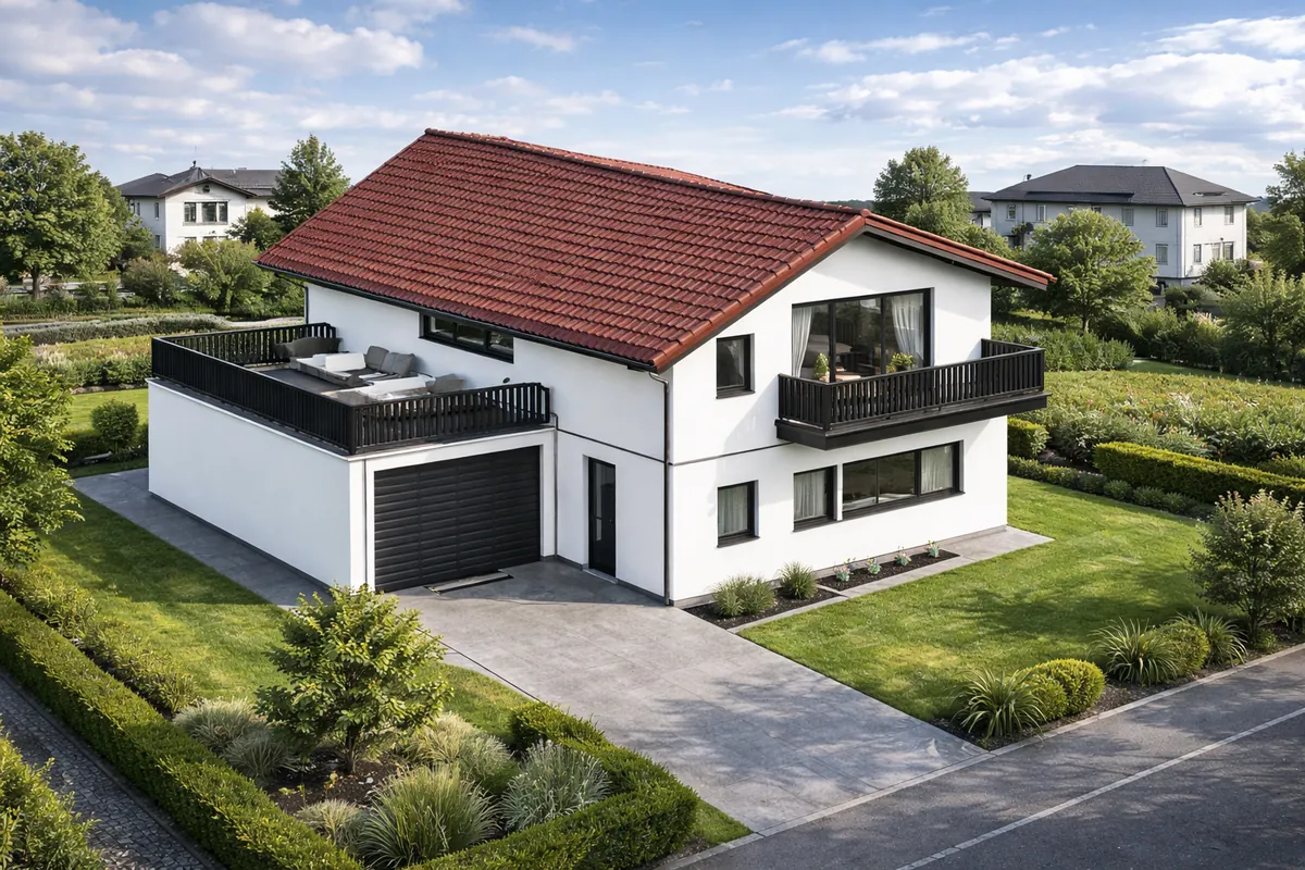 Visualisierung des Einfamilienhauses: weißes Wohnhaus mit rotem Ziegeldach, Balkon, Garage mit Dachterrasse und Garten.