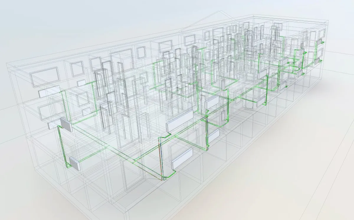 3D-Modell des Mehrfamilienhauses mit transparenter Architektur: Heizkörper und Rohrleitungen in Erdgeschoss und Obergeschoss.