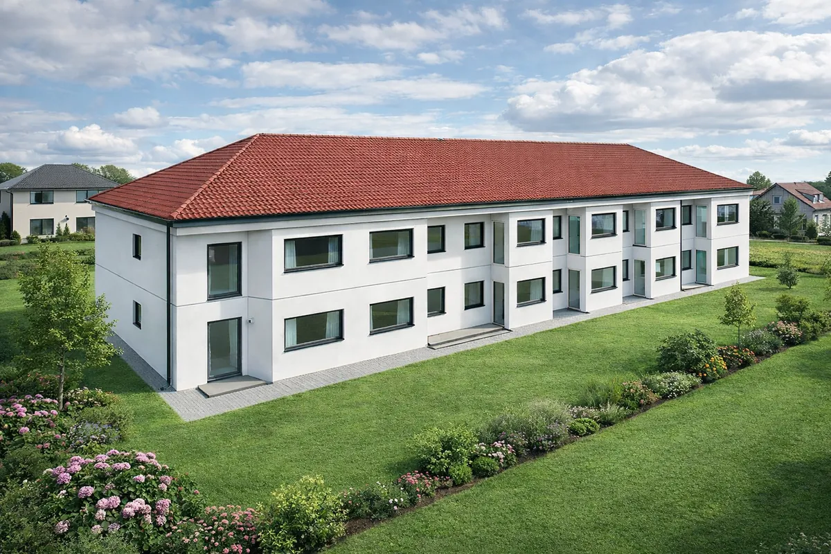 Visualisierung des Mehrfamilienhauses: zweigeschossiger, langgestreckter weißer Bau mit rotem Walmdach in einer Gartenanlage.