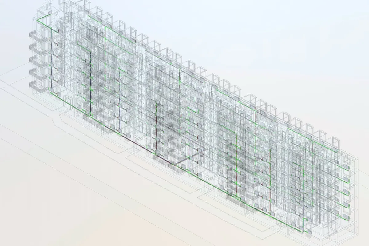 3D-Modell des Wohnblocks mit transparenter Architektur: Heizkörper, Steigstränge und Verteilleitungen über sechs Geschosse.