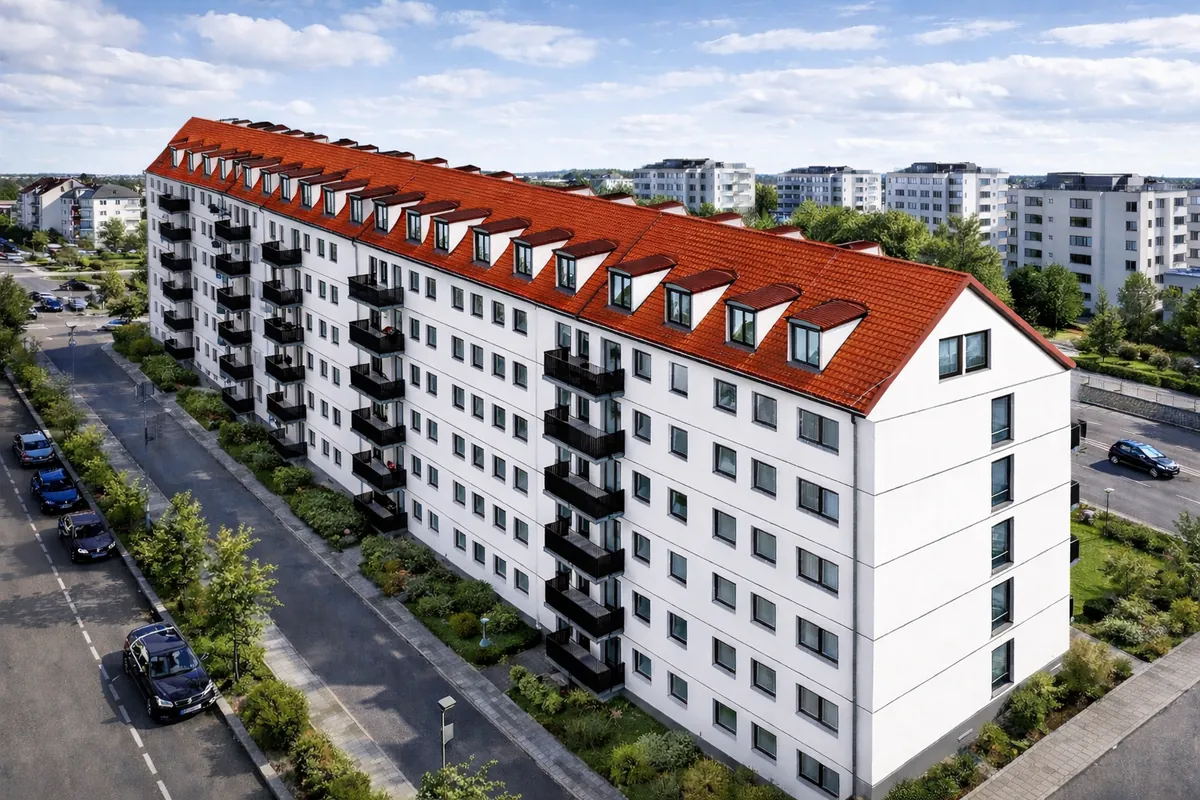 Visualisierung des Wohnblocks: langer weißer Bau mit Balkonen, rotem Dach mit Gauben und Straße davor.