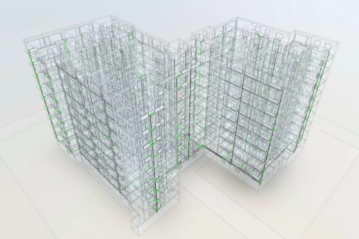 3D-Modell der Wohnanlage mit transparenter Architektur: Heizkörper und Steigstränge der drei Heizkreise über neun Geschosse.